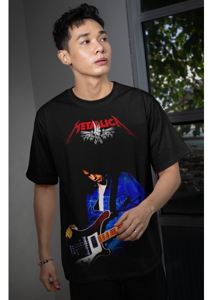 Unisex Gitarist Metallica Baskılı Tişört, Oversize Rock Band Temalı Bisiklet Yaka T-Shirt