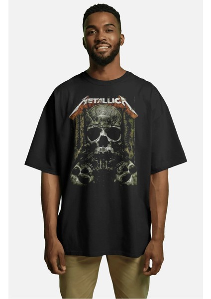 Unisex Vintage Metallica Yazılı Tişört, Oversize Rock Band Baskılı Bisiklet Yaka T-Shirt
