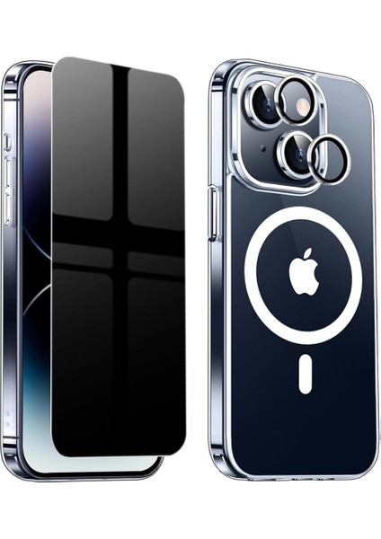 Iphone 14 Plus Şeffaf Mika Magsafe Kılıf + Antistatik Hayalet Ekran Koruyucu + Kamera Koruyucu Siyah