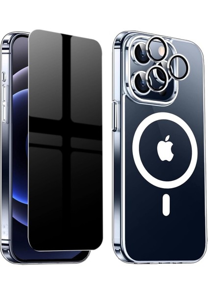 Iphone 14 Pro Max Şeffaf Mika Magsafe Kılıf + Antistatik Hayalet Ekran Koruyucu + Kamera Koruyucu Gümüş