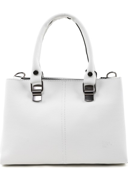 Beyaz SHK243 Suni Deri Fermuarlı 3 Bölmeli Ayarlanabilir Askılı El, Kol ve Omuz Çantası