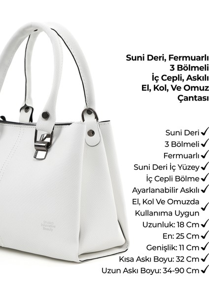 Beyaz SHK243 Suni Deri Fermuarlı 3 Bölmeli Ayarlanabilir Askılı El, Kol ve Omuz Çantası indirimleri