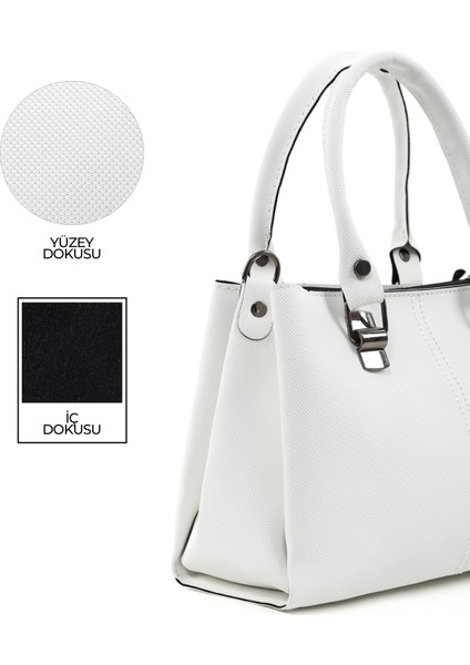 Beyaz SHK243 Suni Deri Fermuarlı 3 Bölmeli Ayarlanabilir Askılı El, Kol ve Omuz Çantası