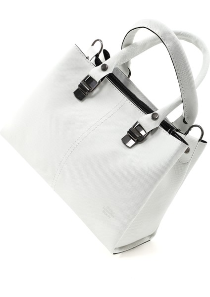 Beyaz SHK243 Suni Deri Fermuarlı 3 Bölmeli Ayarlanabilir Askılı El, Kol ve Omuz Çantası
