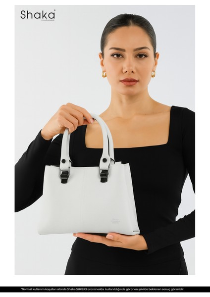 Beyaz SHK243 Suni Deri Fermuarlı 3 Bölmeli Ayarlanabilir Askılı El, Kol ve Omuz Çantası