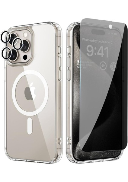 Iphone 15 Pro Max Şeffaf Mika Magsafe Kılıf + Antistatik Hayalet Ekran Koruyucu + Kamera Koruyucu Gold