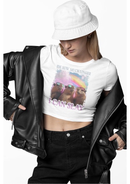 I Can Slay Yazılı Crop Top, Kadın Capybara Baskılı Crop Bluz