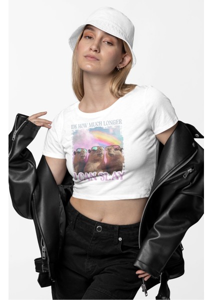 I Can Slay Yazılı Crop Top, Kadın Capybara Baskılı Crop Bluz fiyatları