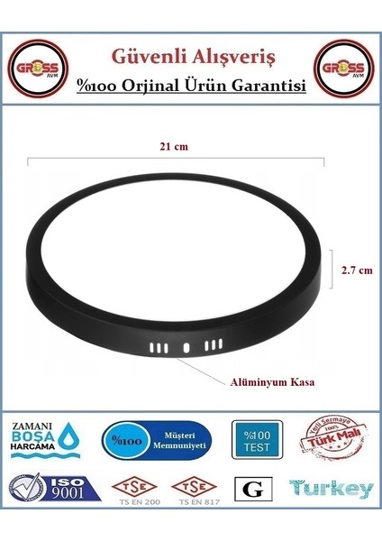 Sıva Üstü LED Armatür Siyah - 18 Watt - 1900 Lümen - Beyaz Işık