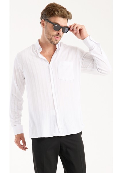 Erkek Gömlek Uzun Kollu Cepli Oversize Rahat Kalıp Salaş Pamuklu Likralı Günlük Şık Klasik Model
