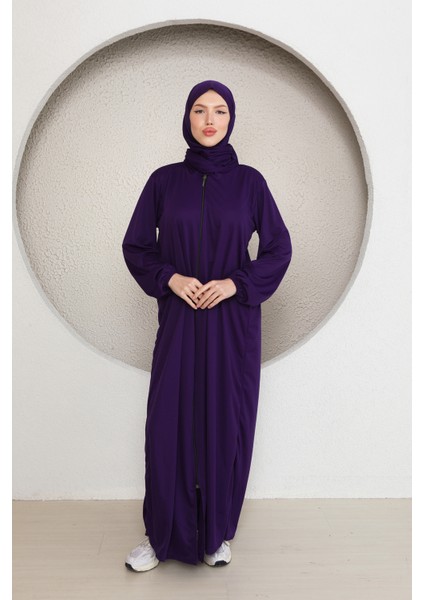 Tek Parça Boydan Fermuarlı Başörtülü Kadın Namaz Elbisesi