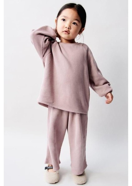 Kız Çocuk Waffle Kumaş Sweatshirt ve Geniş Paça Pantolon Alt Üst Takım