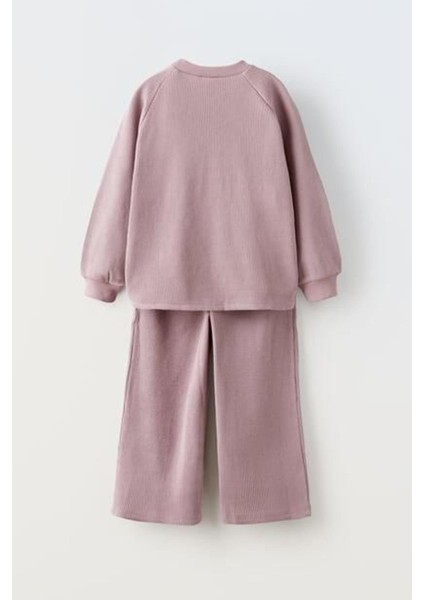 Kız Çocuk Waffle Kumaş Sweatshirt ve Geniş Paça Pantolon Alt Üst Takım modelleri