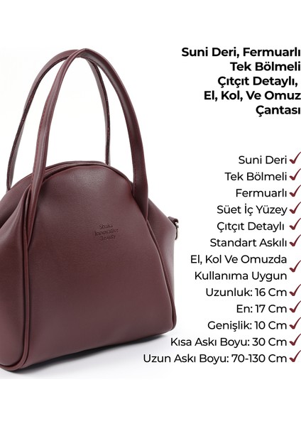 Bordo SHK132 Suni Deri, Fermuarlı Tek Bölmeli, Çıtçıt Detaylı ,el, Kol ve Omuz Çantası