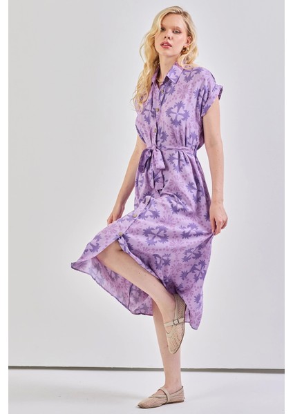 Kadın Desenli Kuşak Detaylı Gömlek Elbise Lila