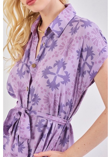 Kadın Desenli Kuşak Detaylı Gömlek Elbise Lila fiyatları