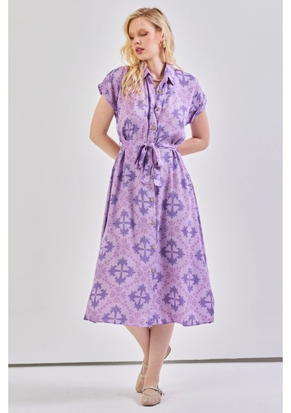 Kadın Desenli Kuşak Detaylı Gömlek Elbise Lila modelleri