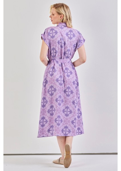 Kadın Desenli Kuşak Detaylı Gömlek Elbise Lila fırsatları