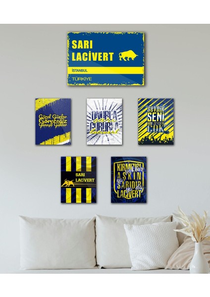 6 Parça Renkli Kanarya Temalı Sarı Lacivert Dekoratif Mdf Tablo Seti