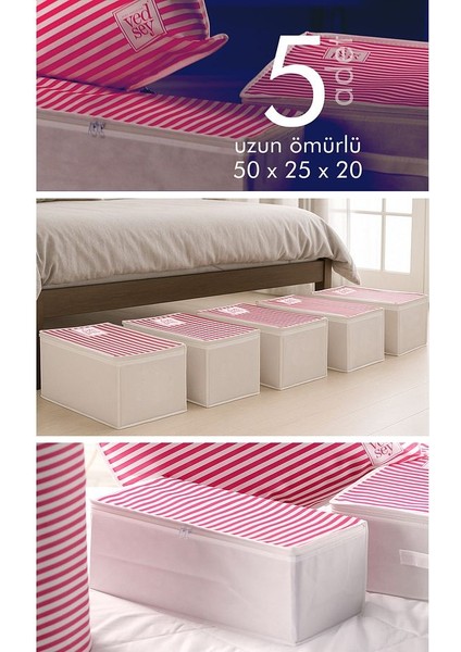 5'li Set Orta Boy 50X25X20CM Baza & Çekyat Altı, Kıyafet Düzenleyici Hurç Pembe Çizgili