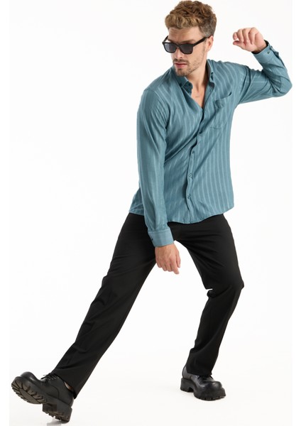 Erkek Gömlek Yeşil Uzun Kollu Cepli Oversize Rahat Kalıp Dökümlü Pamuklu Likralı Günlük Şık Model