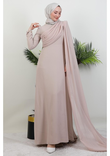 Yakası Taşlı Elbise Krem fiyatları