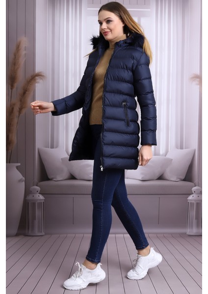 Kadın Kapüşonlu Fermuarlı Microjel Dolumlu Peluşlu Su ve Rüzgar Gecirmez Monta