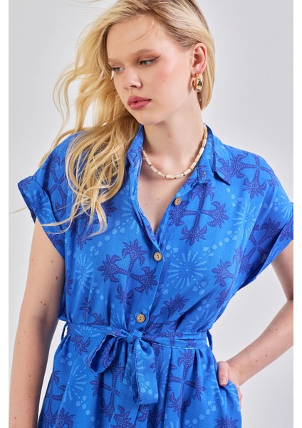 Kadın Desenli Kuşak Detaylı Gömlek Elbise Saks Mavi modelleri