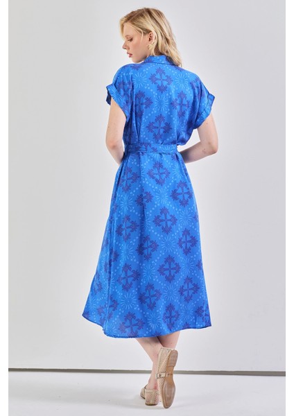 Kadın Desenli Kuşak Detaylı Gömlek Elbise Saks Mavi fırsatları
