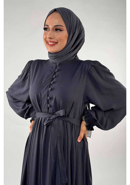 Kolları Lastikli Önü Düğme Detaylı Elbise 6040 Füme modelleri