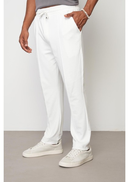 Beyaz Baggy Fit Erkek Çımalı Pantolon E1027