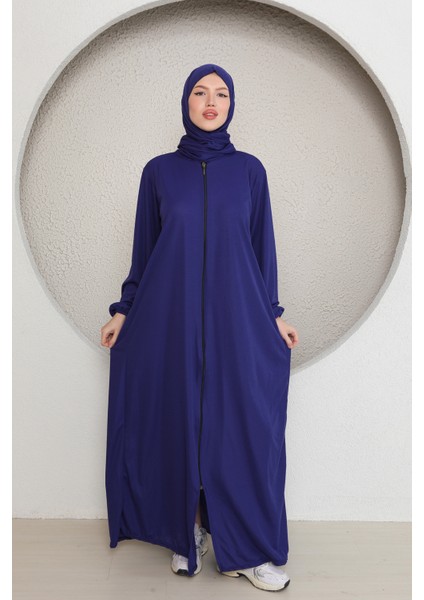 Tek Parça Boydan Fermuarlı Başörtülü Kadın Namaz Elbisesi
