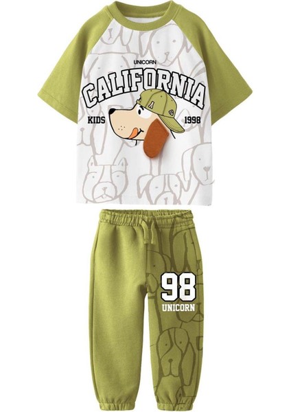 Erkek Çocuk Kulak Detaylı Köpek Baskılı Pamuklu Tshirt Alt Üst Takım