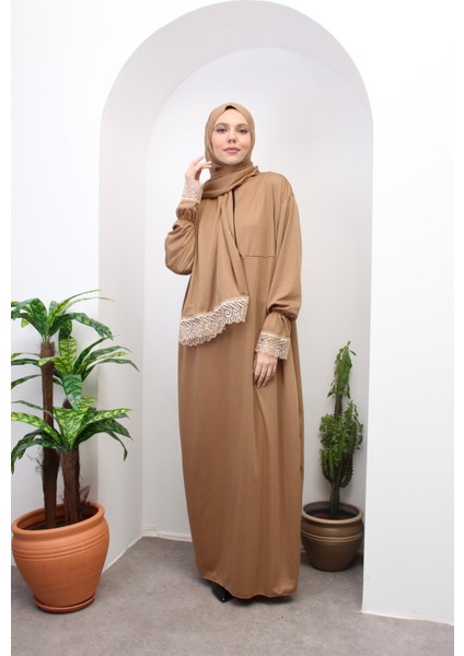 Yarım Fermuarlı Başörtülü Şık Dantelli Namaz Elbisesi modelleri