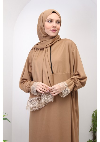 Yarım Fermuarlı Başörtülü Şık Dantelli Namaz Elbisesi fırsatları