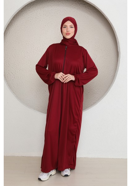Tek Parça Boydan Fermuarlı Başörtülü Kadın Namaz Elbisesi
