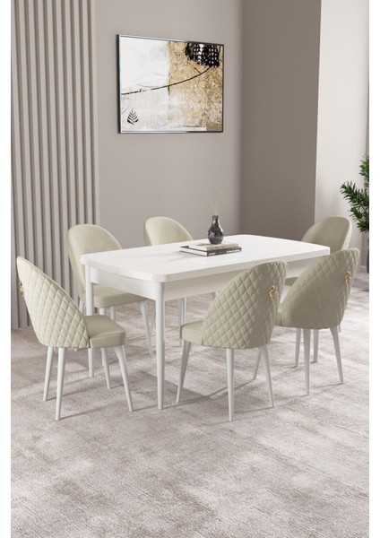 Milas Beyaz 80X132 Açılabilir Mdf Masa Yemek Odası Takımı, Mutfak Takımı 6 Adet Sandalye