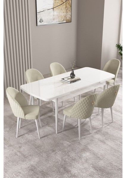 Milas Beyaz 80X132 Açılabilir Mdf Masa Yemek Odası Takımı, Mutfak Takımı 6 Adet Sandalye fiyatları