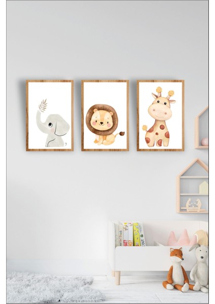 Renkli Çocuk Odası Safari Dekoratif Retro Mdf Tablo (Çerçeve Görünümlü)
