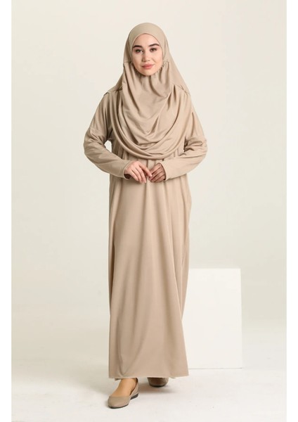 Tek Parça Kendinden Başörtülü Düz Renk Kadın Namaz Elbisesi
