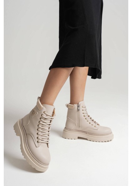 Fiora Premium Özel Tasarım Kadın Kışlık Kalın Tabanlı Bej Bot indirimleri