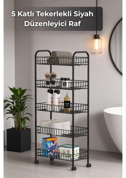 5 Katlı Siyah Tekerlekli Çok Amaçlı Organizer, Banyo, Mutfak, Sebze ve Makyaj Rafı