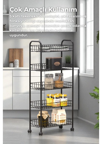 5 Katlı Siyah Tekerlekli Çok Amaçlı Organizer, Banyo, Mutfak, Sebze ve Makyaj Rafı fiyatları