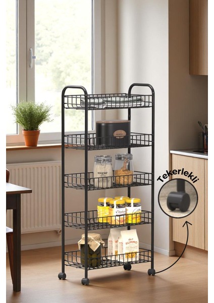 5 Katlı Siyah Tekerlekli Çok Amaçlı Organizer, Banyo, Mutfak, Sebze ve Makyaj Rafı modelleri