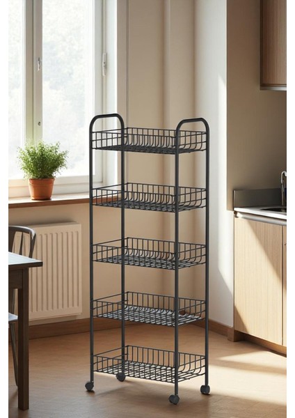 5 Katlı Siyah Tekerlekli Çok Amaçlı Organizer, Banyo, Mutfak, Sebze ve Makyaj Rafı fırsatları