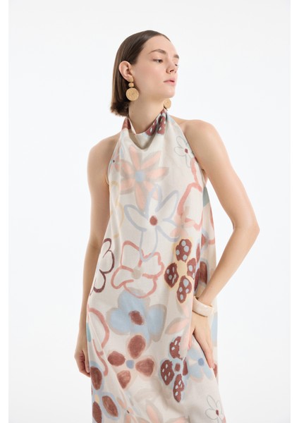 Boyundan Bağlamalı Sırt Dekolteli Desenli Keten Uzun Elbise Naturel modelleri