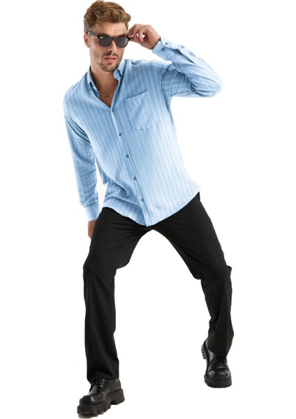 Erkek Gömlek Mavi Likralı Uzun Kollu Cepli Rahat Kalıp Salaş Dökümlü Pamuklu Günlük Şık Model