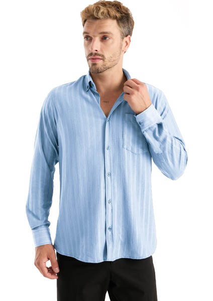 Erkek Gömlek Mavi Likralı Uzun Kollu Cepli Rahat Kalıp Salaş Dökümlü Pamuklu Günlük Şık Model fiyatları