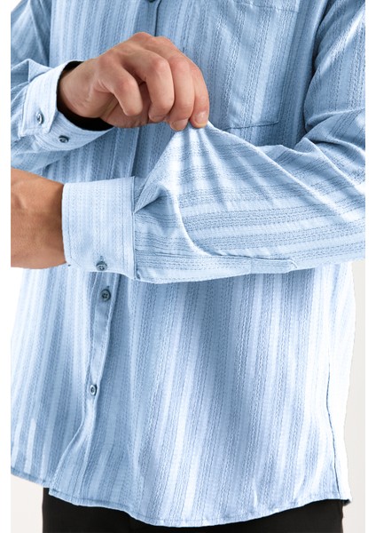 Erkek Gömlek Mavi Likralı Uzun Kollu Cepli Rahat Kalıp Salaş Dökümlü Pamuklu Günlük Şık Model modelleri