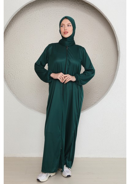 Tek Parça Boydan Fermuarlı Başörtülü Kadın Namaz Elbisesi
